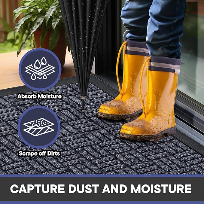 Mibao Front Door Mat, Heavy Duty Durable Welcome Mat for Outdoor Indoor, Dirt Trapper Waterproof Super Absorbent Door Mat for Entryway Outside Patio Porch, 61.5" x 36", Navy