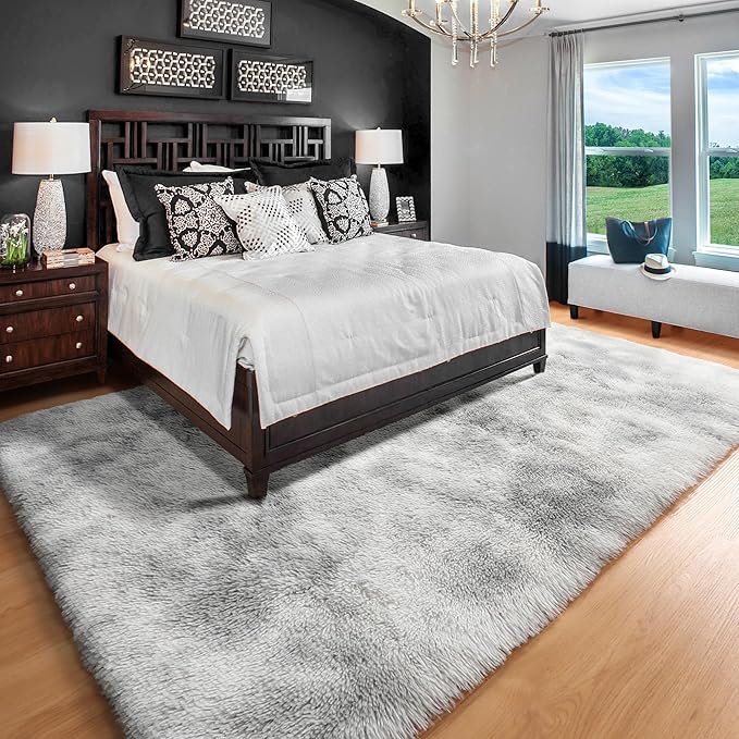 ONASAR 6x9 Area Rugs for Living Room, Large Tie-Dyed Light Grey Fluffy Shag Rug for Bedroom, Ultra Soft Plush Floor Big Indoor Carpet for Baby Kids Girls Boys Teen Dorm Nursery Home Decor
