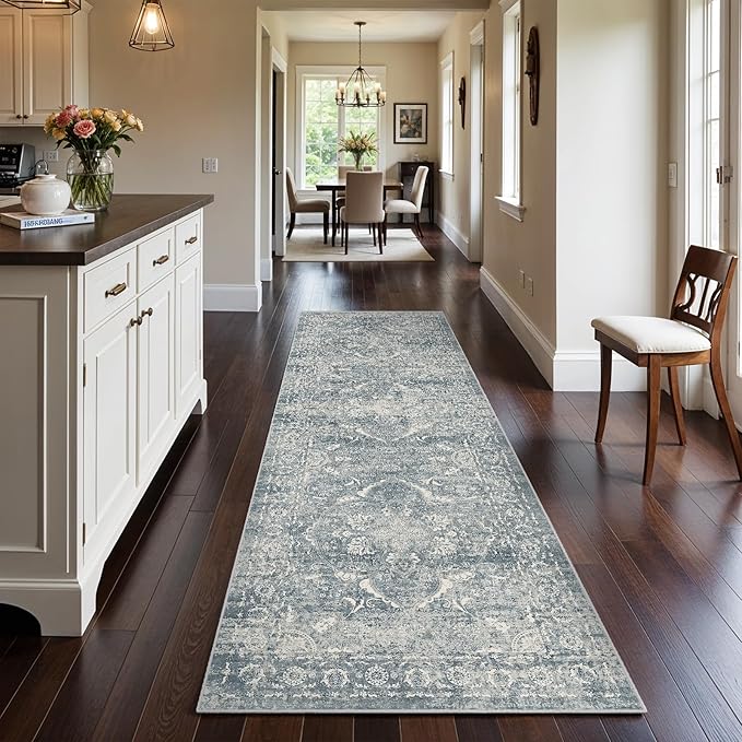 Hallway 3x10 Runner Rug - Vintage Non-Slip Long Rug for Entryway Low-Pile Washable Medallion Runner Rugs for Hallway Waterproof Traditional Runner Rug Indoor Thin Rug for Kitchen (Blue)