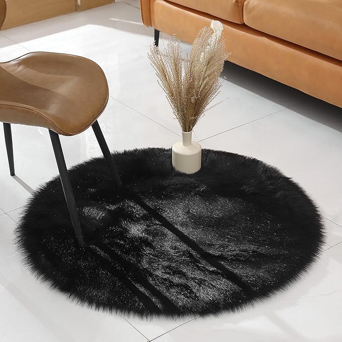 linmopm Faux Fur Rug Sheepskin Shag Fluffy Fuzzy Black 3x3 ft Rugs for Bedroom Bedside Bed Floor Living Room Plush Round High-Density Cushion Carpet Super Sofa Cover