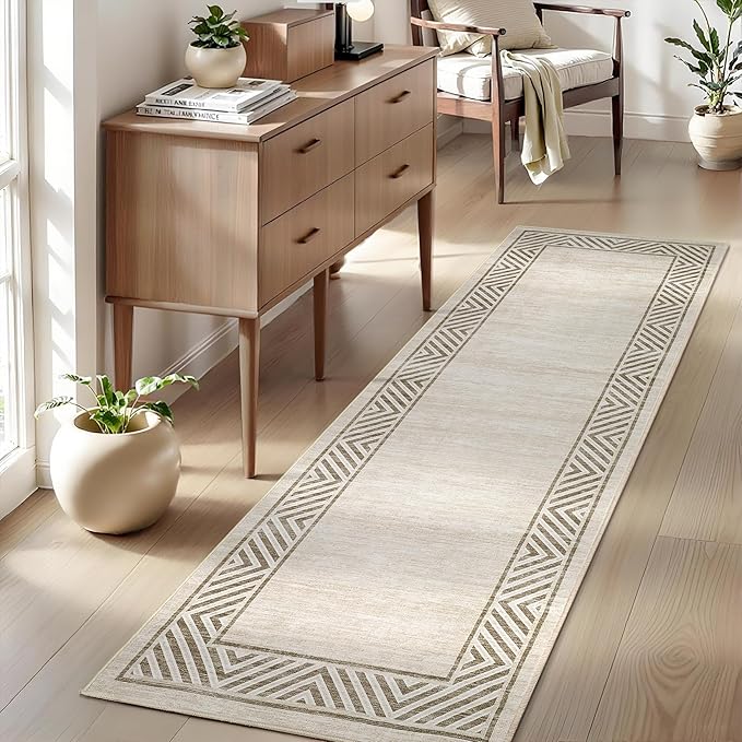 GarveeHome Washable Hallway Rug 2x6 Narrow Modern Bordered Floor Runner, Non-Shedding Contemporary Bedside Rug, Foldable Ultra-Thin Carpet Runner for Bedroom, Kitchen, Laundry Room, Beige