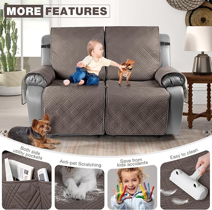 TAOCOCO 100% Waterproof Oversized Loveseat Recliner Cover, Non Slip Split Couch Covers for Reclining Loveseat with Elastic Straps for Kids Pets(Oversized 2 Seater, Taupe)