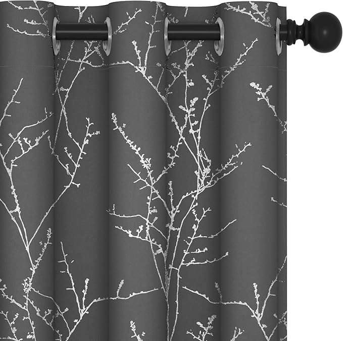 Deconovo Blackout Curtains Grey, Thermal Insulated Soundproof Drapes, Silver Branch Foil Print, 42 x 54 Inch, 2 Panels, Machine‑Washable Privacy Window Panel for Living Room Bedroom Small Windows