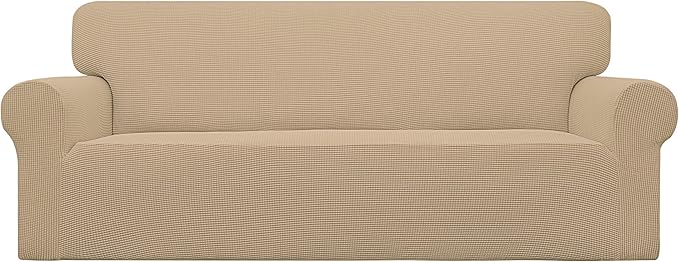 Easy-Going Stretch Sofa Slipcover 1-Piece Sofa Cover Furniture Protector Couch Soft with Elastic Bottom for Kids, Polyester Spandex Jacquard Fabric Small Checks (Sofa, Sand)