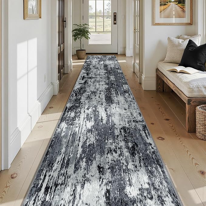 Washable Area Rugs 2'6'' x14 Non-Slip Modern Abstract Soft for Living Room Entryway Bedroom Nursery, Print Pattern, Black Navy Blue Gray
