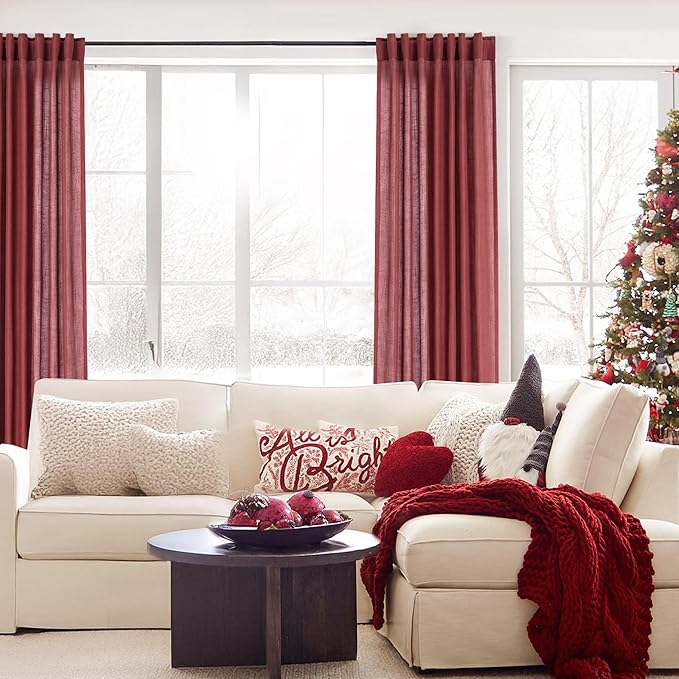 Burgundy Curtains for Living Room Back Tab Modern Farmhouse Semi Sheer Burgundy Curtains 84 inches Long 2 Panels Set Muted Neutral Window Curtain for Dining Room Bedroom 52x84