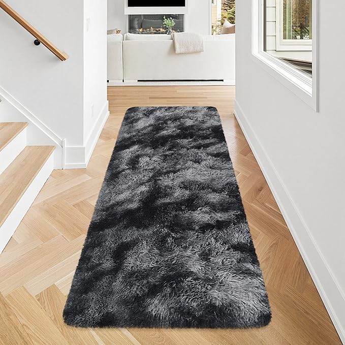 Tie-Dyed Runner Rug for Bedroom Black Grey 2x5ft Fluffy Area Rug Bedside Runner Rug for Kids Room Boys Teens Nursery Baby Living Room Dorm Home Decor Carpets