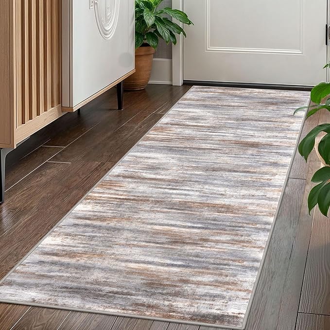 KOZYFLY Kitchen Runner Rug for Hallway Non-Slip Modern Abstract Runner Rug 2x5 Grey Brown, Washable Carpet Runner Laundry Room Mat with Soft Low Pile for Entryway Bathroom Bedroom Kitchen