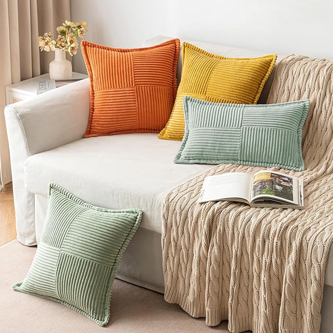 MIULEE Spring Decorative Throw Pillow Covers for Couch Bed Livingroom 16x16 Inch Set of 2 Greyish Green Boho Accent Throw Pllows Broadside Striped Patchwork Soft Corduroy Summer Pillowcases