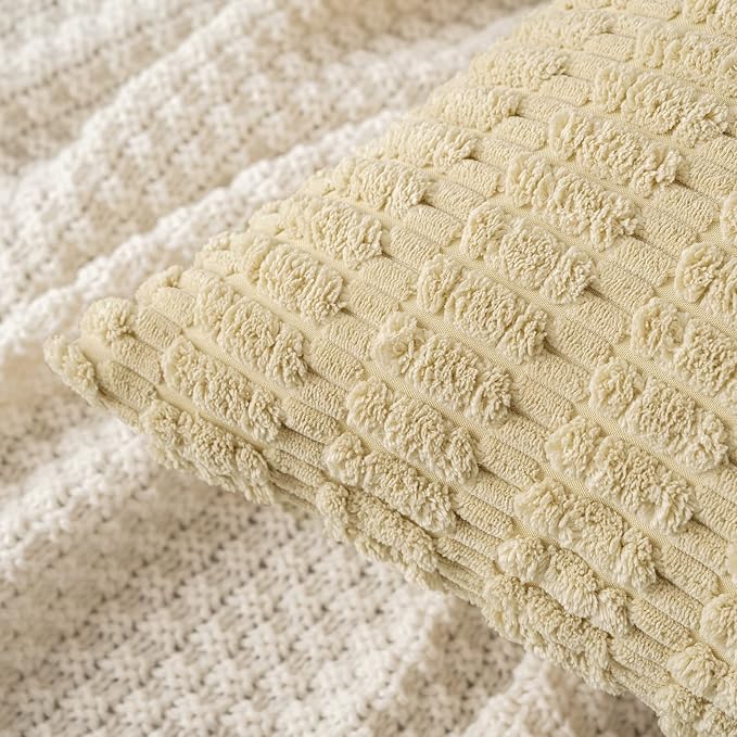 MIULEE Pack of 2 Corduroy Decorative Euro Sham Throw Pillow Covers 24x24 Inch Soft Boho Striped Pillow Covers Modern Farmhouse Home Decor for Sofa Living Room Couch Bed Beige