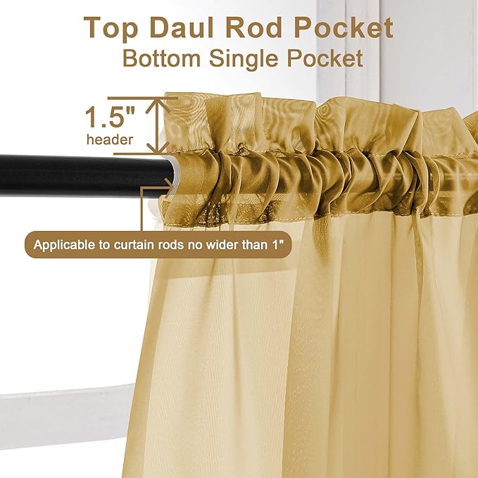 Chyhomenyc Gold Sheer Curtains 96 inches Long 2 Panels, Light Filtering Soft Airy Solid Elegant Voile Window Treatment Drapes for Bedroom Living Room Wedding Party Decor, 42 Wx96 L, 8FT L