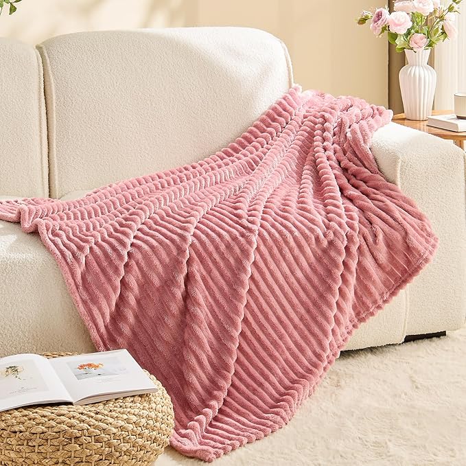 BEDELITE Fleece Throw Blanket for Couch – 3D Ribbed Jacquard Soft and Warm Decorative Fuzzy Blanket – Cozy, Fluffy, Plush Lightweight Pink Throw Blankets for Bed, Sofa, 50x60 inches