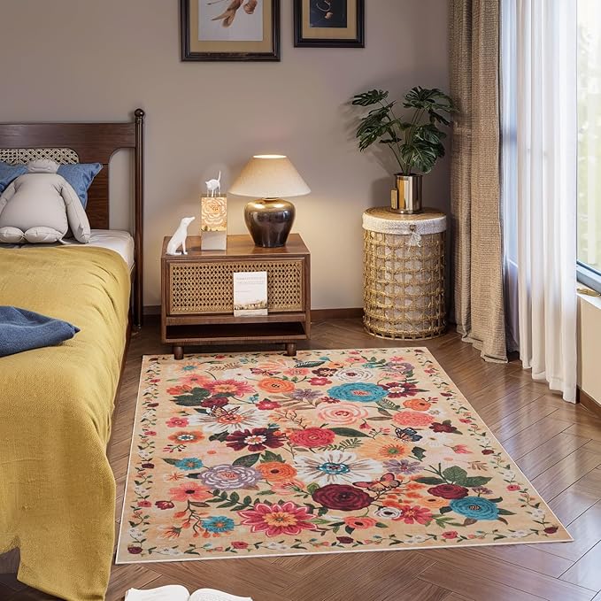 Area Rug 4x6 Rug Washable Boho Rugs Non Slip Low Pile Floral Small Carpet for Bedroom, Bedside, Kids Room, Office, Dining Room(4 x 6, Yellow Garden)