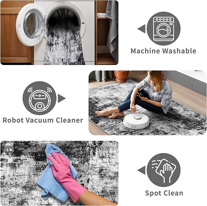 3x10 Washable Runner Rugs for Hallway: Easy-to-Clean Abstract Runners for Entryway Bedroom - Stain and Water Resistant Rugs with Non-Slip Backing - Soft Low-Pile Carpet Black Grey