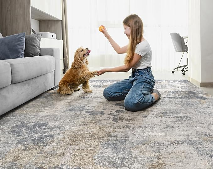 UERMEI 5x8 Area Rug Living Room Rugs - Washable Neutral Modern Abstract Soft Thin Large Rug Indoor Floor No Slip Rug Carpet for Bedroom Under Dining Table Home Office Decor - Blue Grey