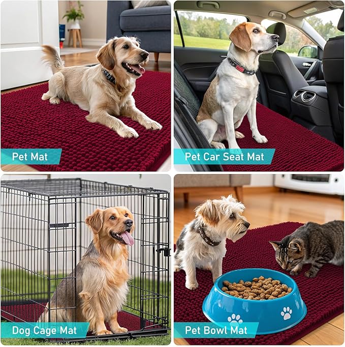 OLANLY Dog Door Mat for Muddy Paws 32x20, Absorbs Moisture and Dirt, Absorbent Non-Slip Washable Doormat, Quick Dry Chenille Mud Mat for Dogs, Entry Indoor Entryway Carpet for Inside Floor, Burgundy