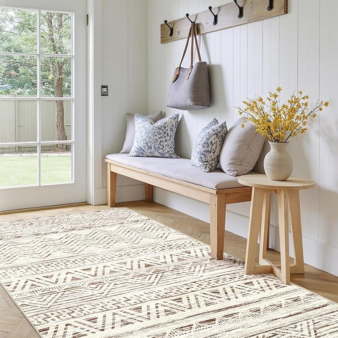 3x5 Washable Entryway Area Rug: Modern Moroccan Small Runner Rug Indoor Soft Non Slip Rug for Living Room Low Pile Thin Floor Carpet for Kitchen Dining Room Bedroom Home Office Decor(3x5,Beige)
