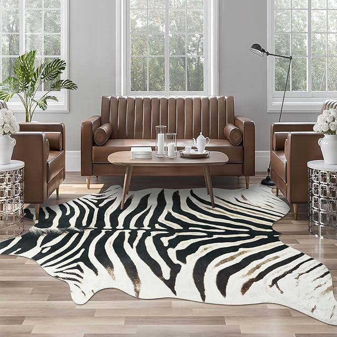 AROGAN Western Faux Fur Zebra Rug, 4.6 x 5.2 Feet Premium Animal Skin Print Rug, Sturdy Faux Zebra Hide Rugs for Wall Decor, Western Floor Carpet for Bedroom Living Room, Black and White