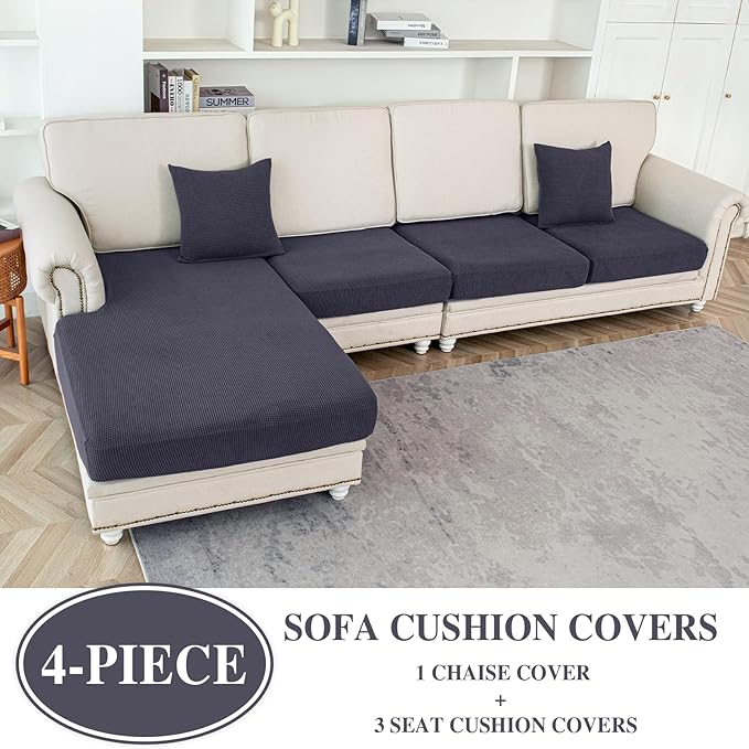 Couch Cushion Covers for Sectional Sofa L Shape Washable Separate Seat Chaise Couch Cover Stretch Sofa Slipcovers with 2 Pcs Pillowcases(3 Seater + 1 Chaise, Dark Grey)