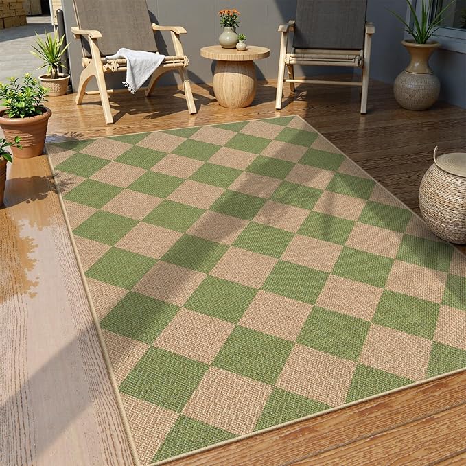 Lahome Colette Green Checkered Easy Jute Rug, 3x5 Washable Outdoor Rug Neutral Rug for Entryway, Checkerboard Non Slip Non Shedding Floor Carpet for Living Room Front Door Porch