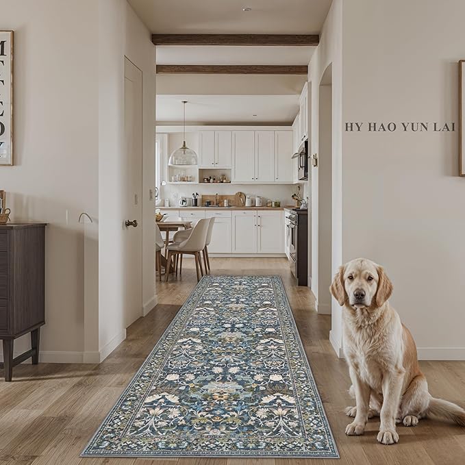 Hallway 3x10 Washable Runner Rug: Kitchen Rugs Entryway Area Rugs Vintage Soft Floor Mat Non Slip Indoor Farmhouse Carpet for Bathroom Living Room Bedroom Printed Rug for Family(3x10 Floral/Blue)
