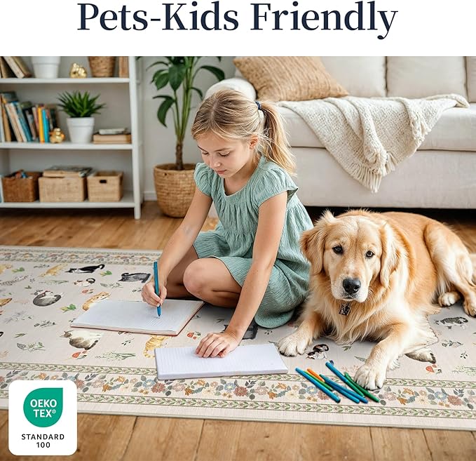 2'6"x8' Washable Kitchen Runner Rug - Soft Low Pile Floral Animal Cat Print Rugs with Non-Slip Backing Waterproof Stain-Resistant Indoor Carpet for Hallway Entryway Bathroom Bedroom (Light Beige)
