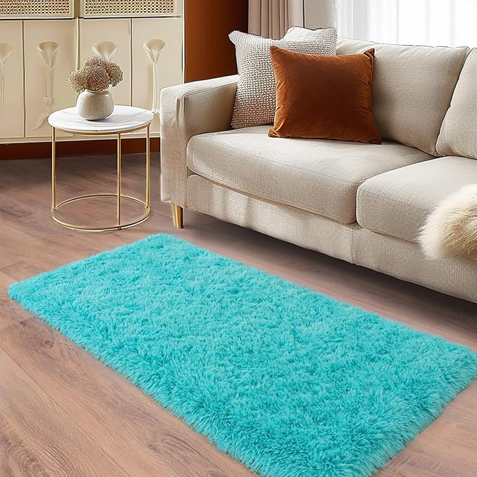 Soft Runner Rugs for Bedroom Hallways, 2x4 Teal Blue Fluffy Shag Throw Area Rug Non Slip for Bedside Dorm, Long Shaggy Furry Carpet for Nursery Living Room