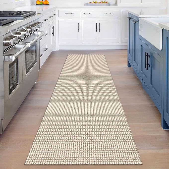 KOZYFLY Runners for Hallways 3x8 ft Washable Kitchen Runner Non Slip Rubber Backed Hall Runners Cotton Entryway Runner Rugs Floor Carpet for Indoor Backdoor Bedroom Kitchen, Ivory/Khaki