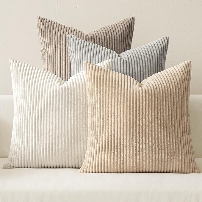 MIULEE Boho Farmhouse Throw Pillow Covers 18x18 Inch Set of 4 Neutral Tan Decorative Cushion Covers Soft Corduroy Nordic Spring Home Decor for Couch Bed Sofa Living Room