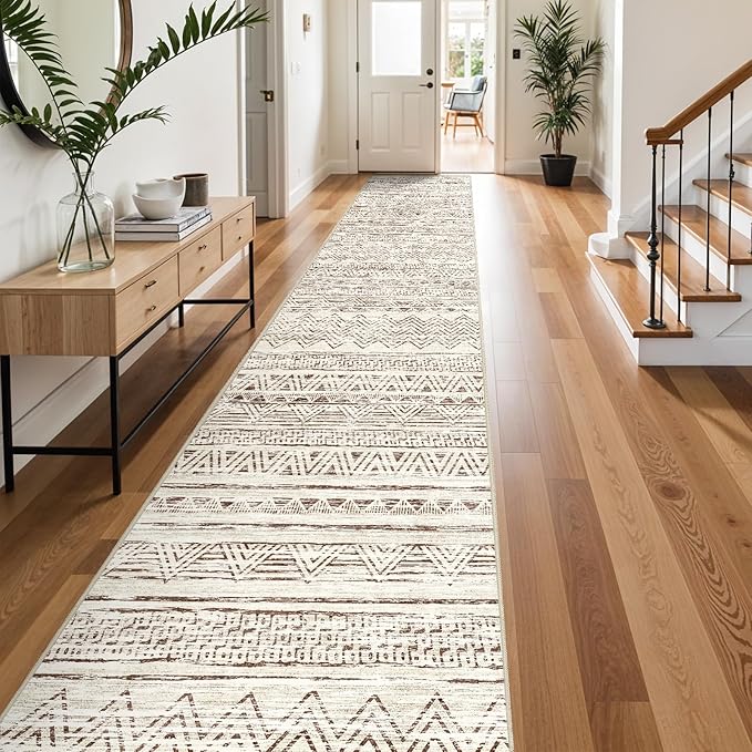 Ksrau 3x20 Runner Rug Washable - Extra Long Non-Slip Modern Runners for Hallway Soft Moroccan Low Pile Indoor Floor Mat for Living Room Kitchen Waterproof Geometric Runner Rugs Entryway 3x20 Beige