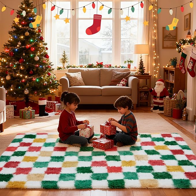 Checkered Area Rug 4x6 for Bedroom Living Room, Christmas Shag Rug Fuzzy Shaggy Bedside Carpet, Indoor Plush Floor Rugs for Kids Boys Girls Room Holiday Home Decor