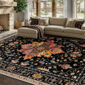 Area Rugs 7'x9' Washable Non-Slip, Floral Vintage Distress Print Pattern Medallion Carpet for Living Room Bedroom Dining Room, Black Colorful Floral Dark Tan