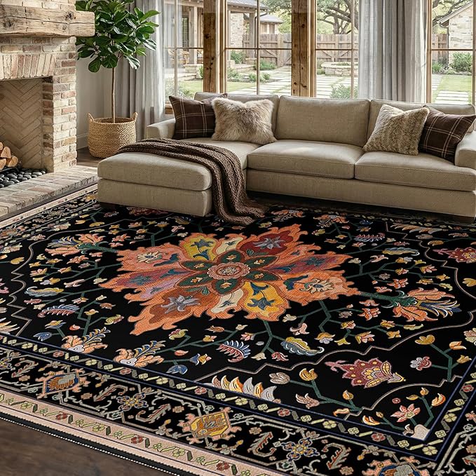 Area Rugs 7'x9' Washable Non-Slip, Floral Vintage Distress Print Pattern Medallion Carpet for Living Room Bedroom Dining Room, Black Colorful Floral Dark Tan
