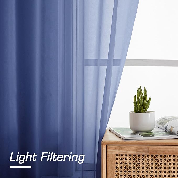 OWENIE Blue Sheer Curtains 96 Inch Long 2 Panels Set, Light Filtering Rod Pocket Soft Clear Sheer Curtain for Bedroom/Living Room, 2Pcs, Each 42" W x 96" L, Royal Blue