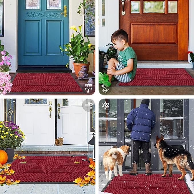 Smiry Front Door Mat Outside Entrance, Heavy Duty Sturdy Natural Rubber Doormat, Trap Dirt and Moisture, Easy Clean Low Profile Welcome Floor Mats for Indoor Outdoor Entry, 35X23 Inch, Wine Red