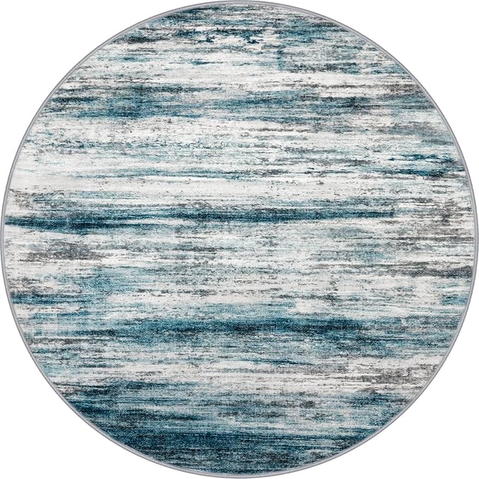 KOZYFLY Round Washable Rugs 6Ft Modern Abstract Ombre Rug for Bedroom, Washable Circle Rug Non-Slip Soft Striped Living Room Area Rug, Print Blue Carpet for Laundry Nursery