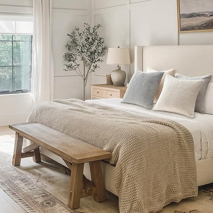 Topfinel 4 Packs Neutral Decorative Throw Pillows Covers 26x26 Inch for Living Room Couch Bed Sofa, Rustic Farmhouse Boho Neutral Home Decor, Soft Plush Striped Corduroy Square Cushion Case 65x65 cm