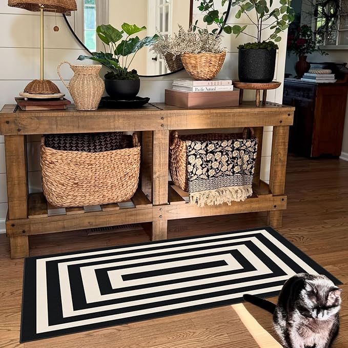 Front Door Mat Indoor Entrance - 2x4.3 Ft Modern Washable Layered Doormat Outdoor Entrance Porch Rug Non-Slip Black White Geometric Runner Rug for Kitchen Bedroom Laundry Room Porch Decor