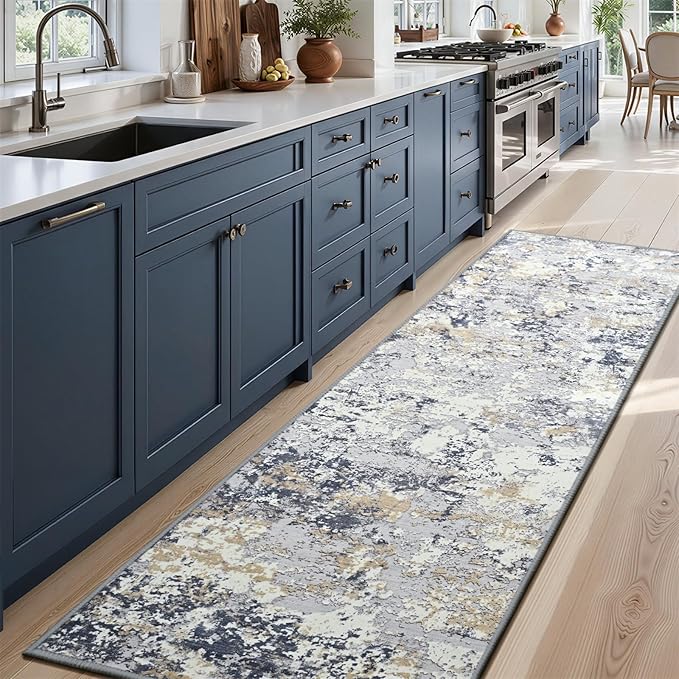 Toneed Entryway Runner Rug 2x6 for Hallway Kitchen, Washable Non-Slip Rug Runner for Indoor Entrance, Laundry Room, Bedroom, Low Pile, Abstract Blue White Gold