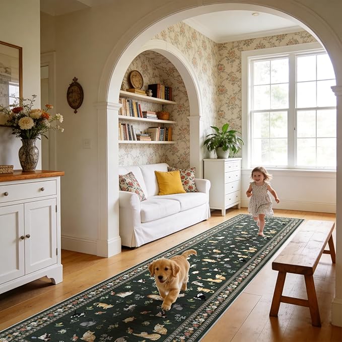 2x12 Washable Hallway Runner Rug - Soft Low Pile Floral Animal Cat Print Rugs with Non-Slip Backing Waterproof Stain-Resistant Indoor Carpet for Kitchen Entryway Bathroom Bedroom (Sage Green)