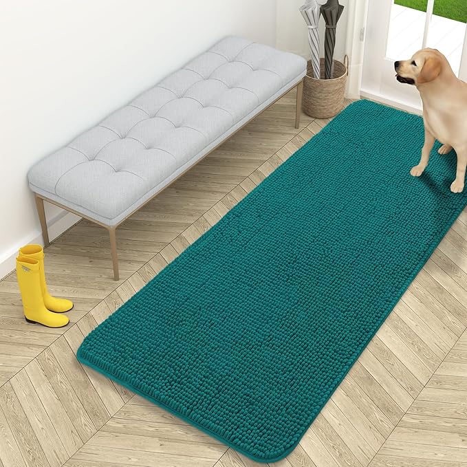 OLANLY Dog Door Mat for Muddy Paws 59x24, Absorbs Moisture and Dirt, Absorbent Non-Slip Washable Doormat, Quick Dry Chenille Mud Mat for Dogs, Entry Indoor Entryway Carpet for Inside Floor, Lake Blue