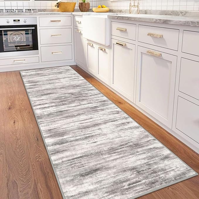 KOZYFLY 3x8 Ft Rug Modern Ombre Runner Rug for Hallway, Washable Kitchen Rugs Non-Slip Soft Striped Entryway Rug, Print Grey/Light Beige/Brown Abstract Carpet for Laundry Nursery