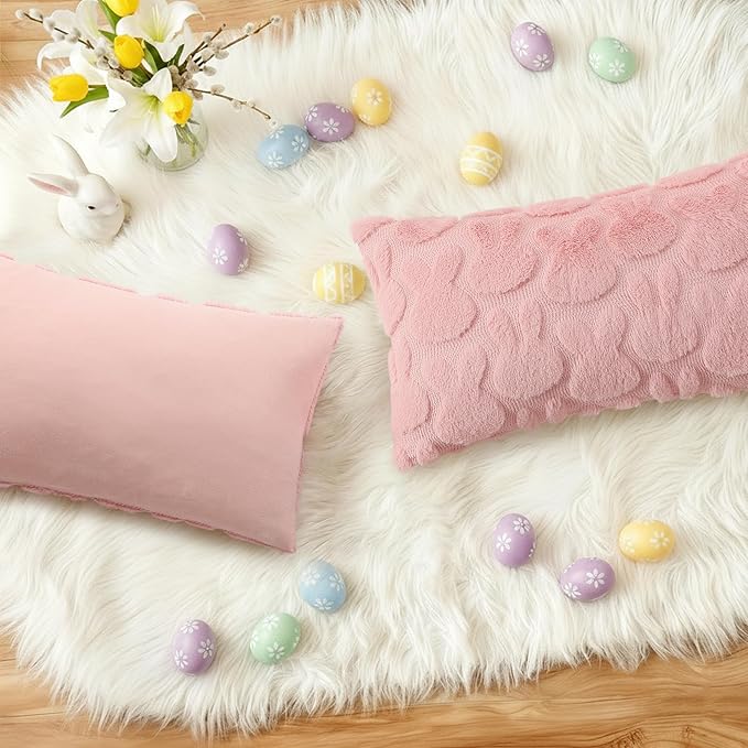 decorUhome Easter Bunny Pillow Covers 12x20 Inch Set of 2, Soft Plush Faux Wool Jacquard Pink Rabbit Cushion Covers, Farmhouse Neutral Spring Easter Holiday Decor for Couch Sofa Bed
