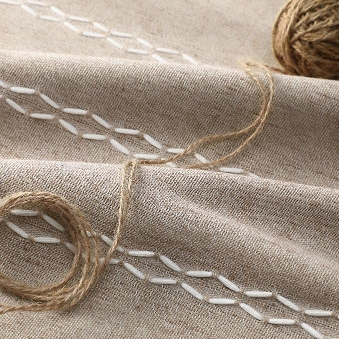 Boho Blackout Curtains 90 Inches Long Brown Linen Blend 2 Panels with Tassels and Cotton Embroidery, Farmhouse Vintage Rustic Rod Pocket Drapes for Living Room or Bedroom
