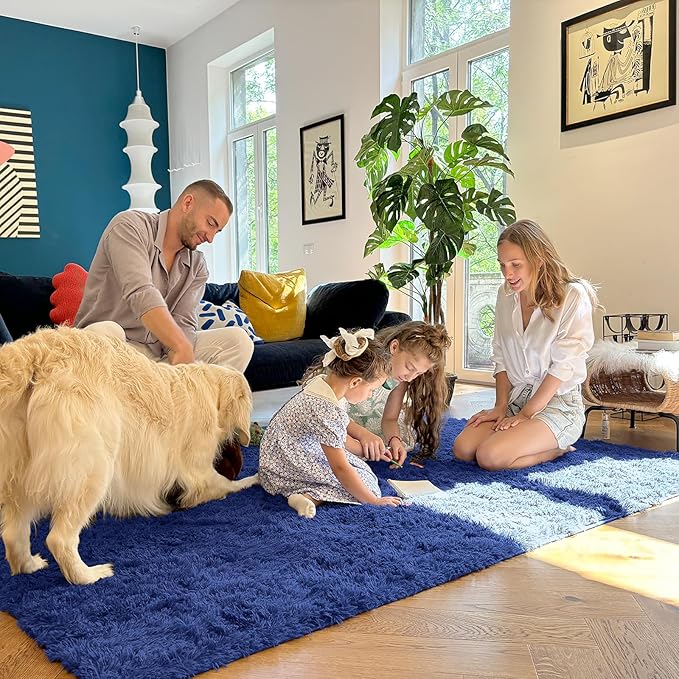 OLANLY 4x5 Machine Washable Accent Rug, Soft Fluffy Shaggy Area Rug for Bedroom, Living Room, Indoor Floor Carpet for Kids, Nursery, Home Decor, Navy Blue