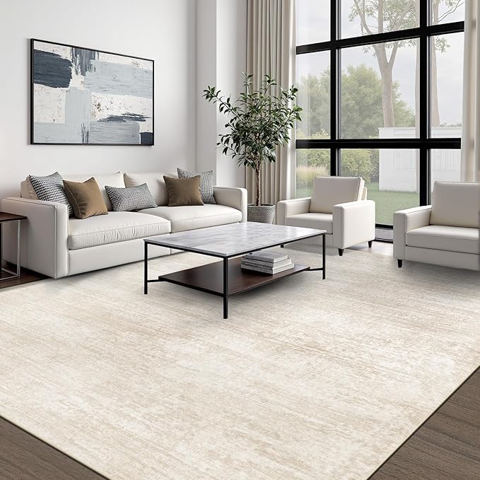 Area Rugs 8x10 for Living Room: Washable Rug Modern Abstract Neutral Soft Non-Slip Low-Pile Indoor Large Carpet for Bedroom Dining Room Playroom Home Office (Beige, 8'x10')