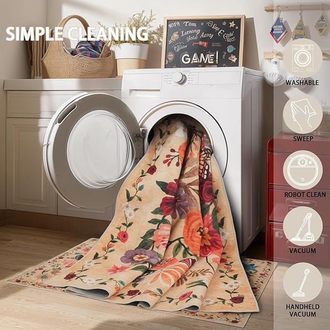 Area Rug 4x6 Rug Washable Boho Rugs Non Slip Low Pile Floral Small Carpet for Bedroom, Bedside, Kids Room, Office, Dining Room(4 x 6, Yellow Garden)