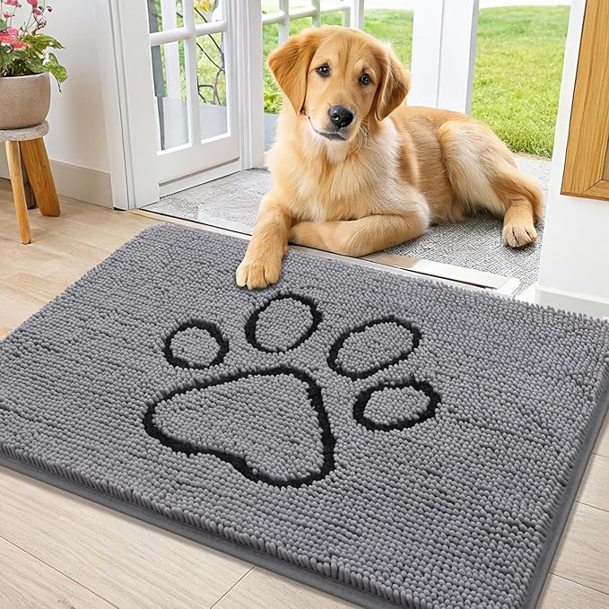 Smiry Dog Door Mat for Muddy Paws, Absorbent Dirt Trapper Non Slip Quick Dry Washable Chenille Mat for Mud Dogs, Entry Rug for Indoor and Outdoor (36x24 Inches, Grey and Black)
