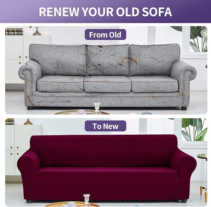 Joccun Christmas Stretch Loveseat Couch Cover Slipcover, 1-Piece Sofa Cover for 2 Cushion Couch Spandex Jacquard Washable Furniture Protector Cover for Living Room,Kids,Pets（Loveseat,Burgundy）