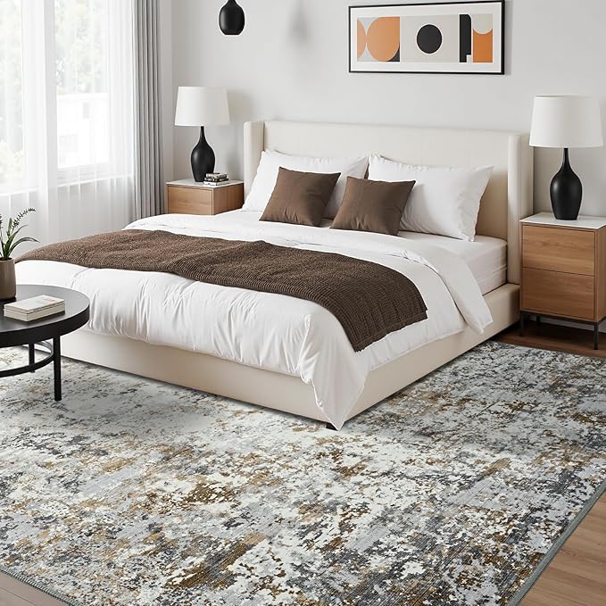 Toneed Abstract Area Rug Modern Washable Rug Soft Non Slip Rug Low Pile for Bedroom Living Room Dining Room Brown/Grey 4x6 Feet